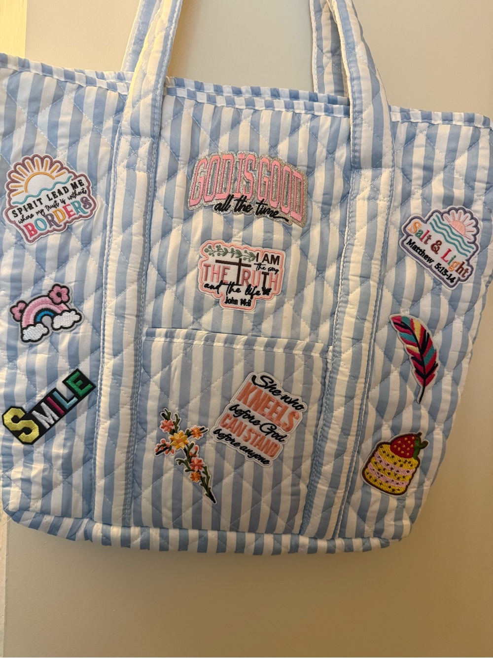 Quilted Light Blue & White Striped Tote Bag with Patchwork Details